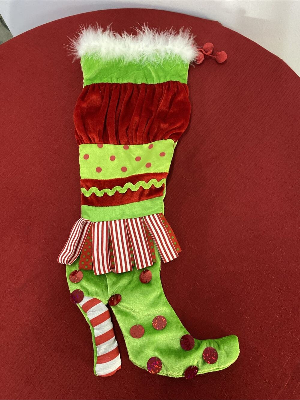 Women's Christmas Stocking Ladies Victorian Boot 21”Lime Green Brocade Feathers